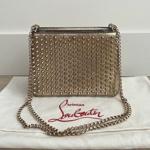 CHRISTIAN LOUBOUTIN Triloubi Small Gold Leather Studded Spike Shoulder Bag